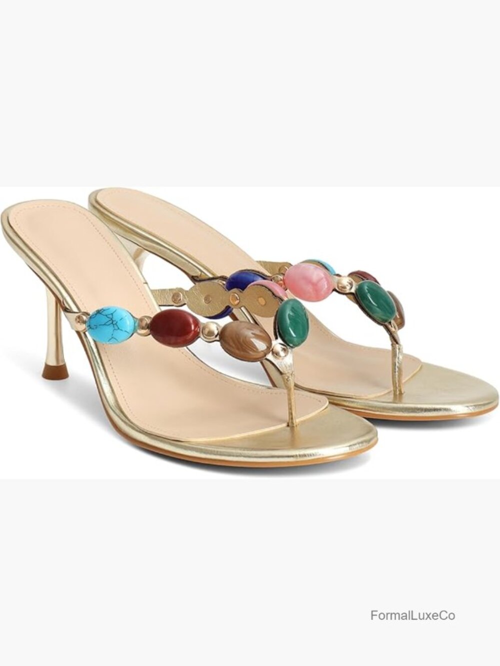 Open Toe Beaded Strappy High Heels Sandals Slip On Thong Heeled Mules Mid Heel